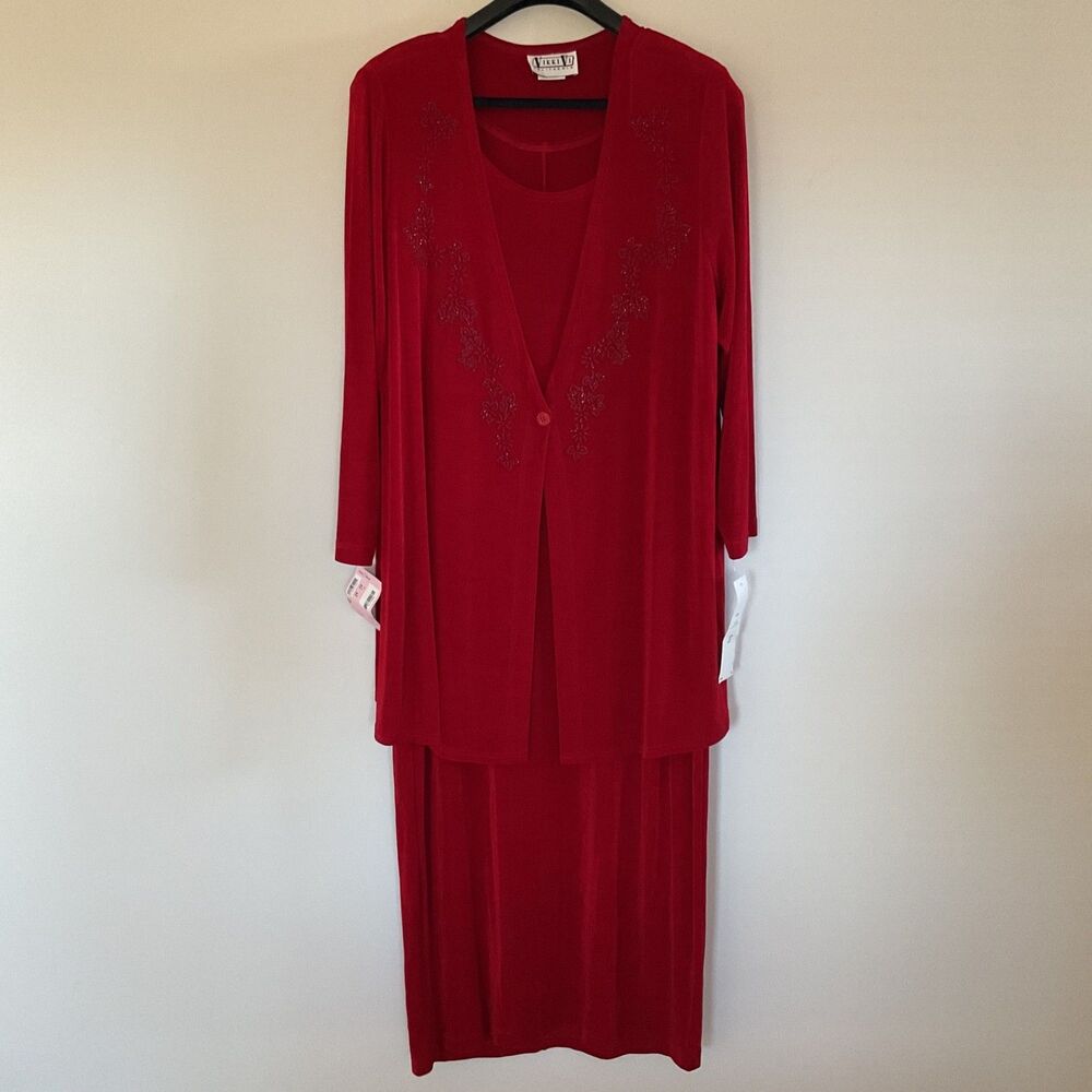 Vikki Vi California Slinky Knit 2 pc. Dress & Long Cardigan Set 22 W Red Beaded